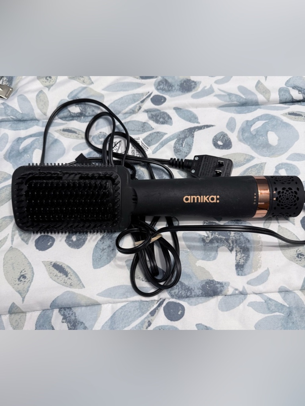 amika Black Straightening Hot Brush with Rose Gold Logo